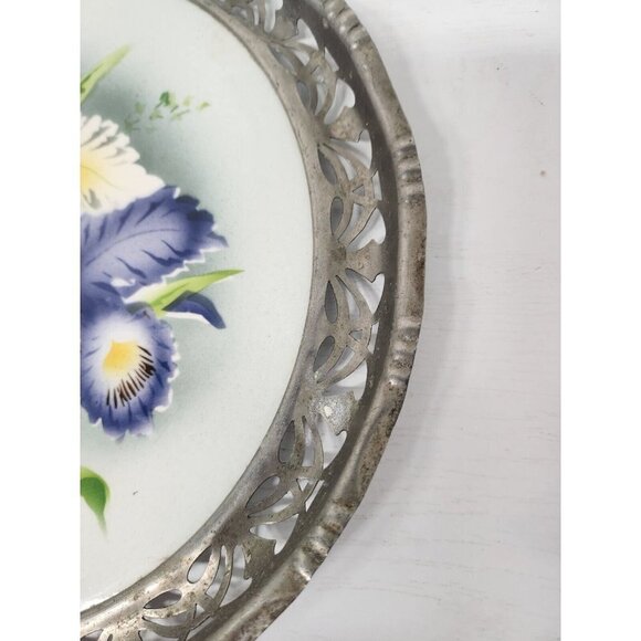 Antique Max Dannhorn Fine Porcelain Serving Tray Metal Ornate Frame Iris Design - Picture 3 of 6